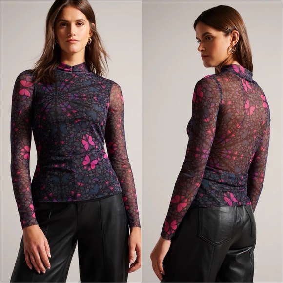 Ted Baker Top Kamill Printed Mesh Long Sleeve Butterfly Kaleidoscope Sz 8 - Picture 1 of 12